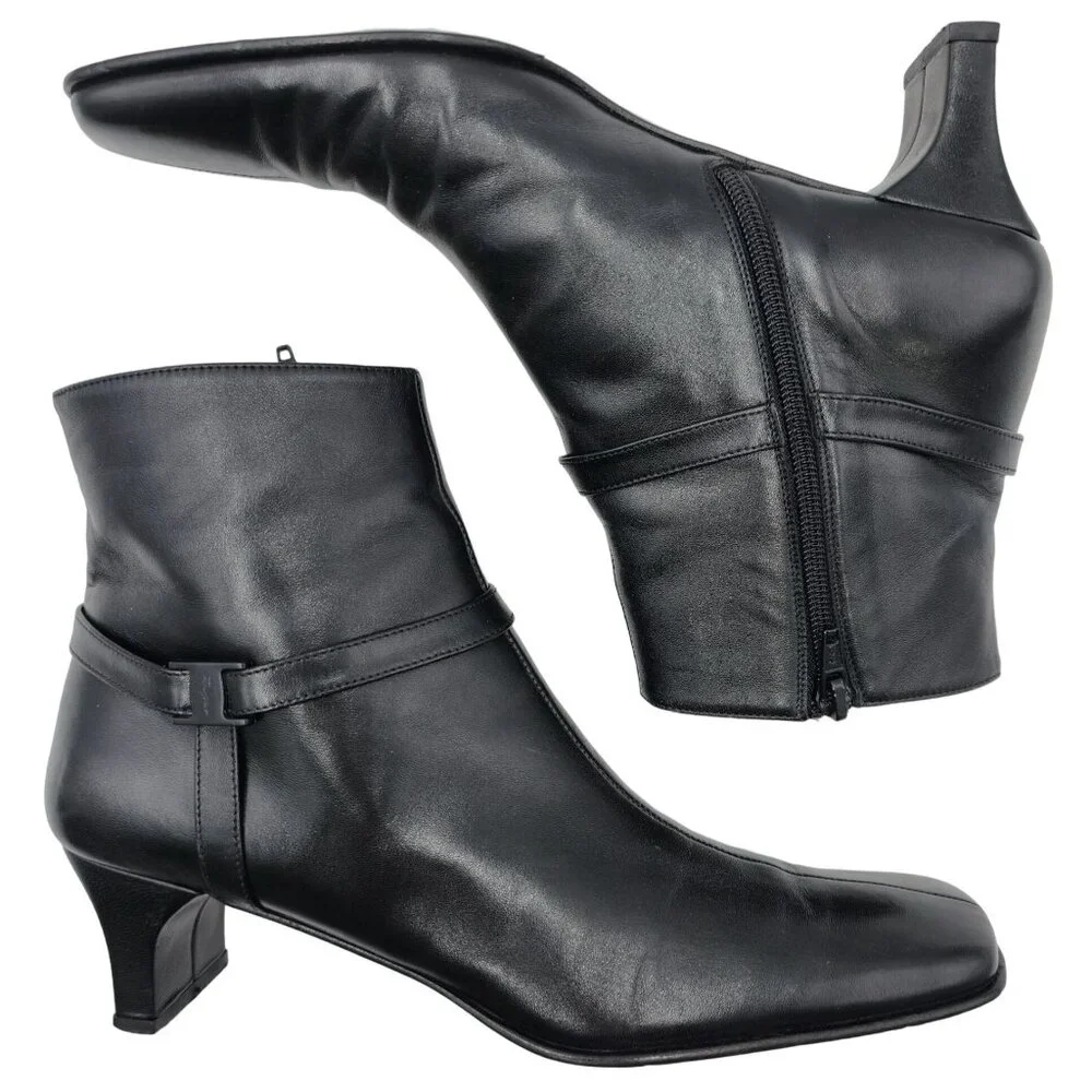 Ferragamo Italy Womens 8.5 4A Narrow Black Leather Dress Shoes Zip Ankle Boots - Picture 2 of 12